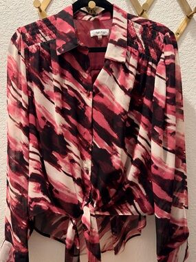 Calvin Klein Pink, Black & White Abstract Tie-Front Button-Down Shirt